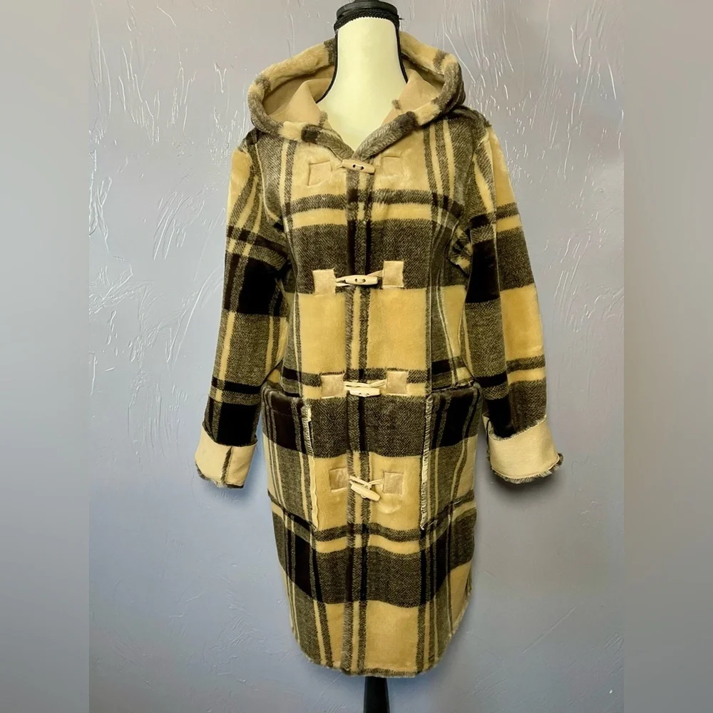 Vintage Y2K 90s Faux Suede Tan & Plaid Reversible Hooded Toggle Coat Jacket - Picture 6 of 13